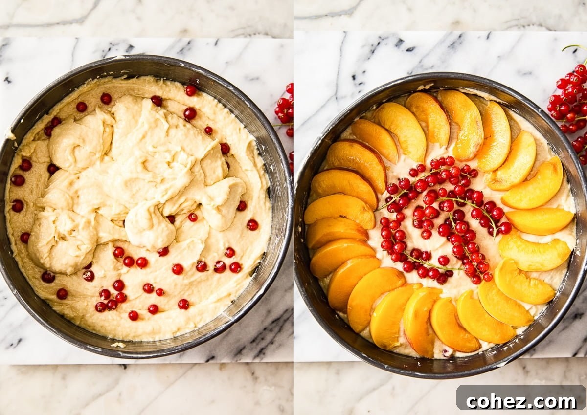 Golden Peach and Red Berry Summer Cake 6 Process shots showing how to layer the batter and fruit in the baking pan
