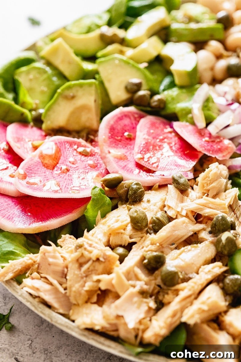 Close up of the salad showing tuna and radishes