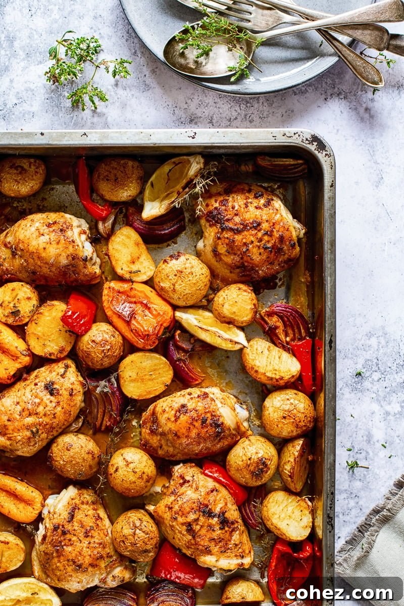 Overhead view of a baking tray filled with Spanish chicken thighs, potatoes, and bell peppers, ready for the oven.