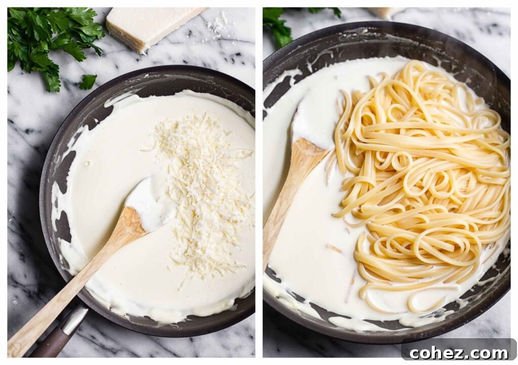 Creamy Pasta Sauce 4 two process shots showing the assembly of the dish in a pan
