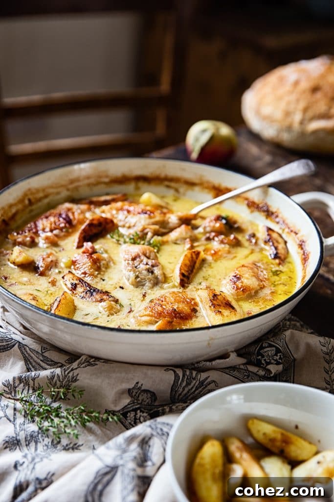Normandy Cream Chicken Bake 3 shallow pan of the French chicken casserole with a serving spoon, showcasing the rich sauce and ingredients