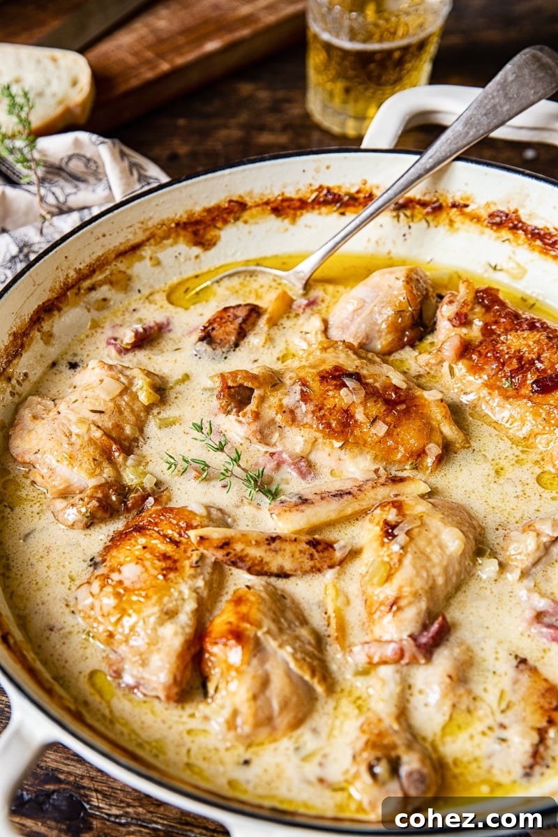 Normandy Cream Chicken Bake 4 close up of the French chicken casserole in a pan, showing the creamy sauce and chicken