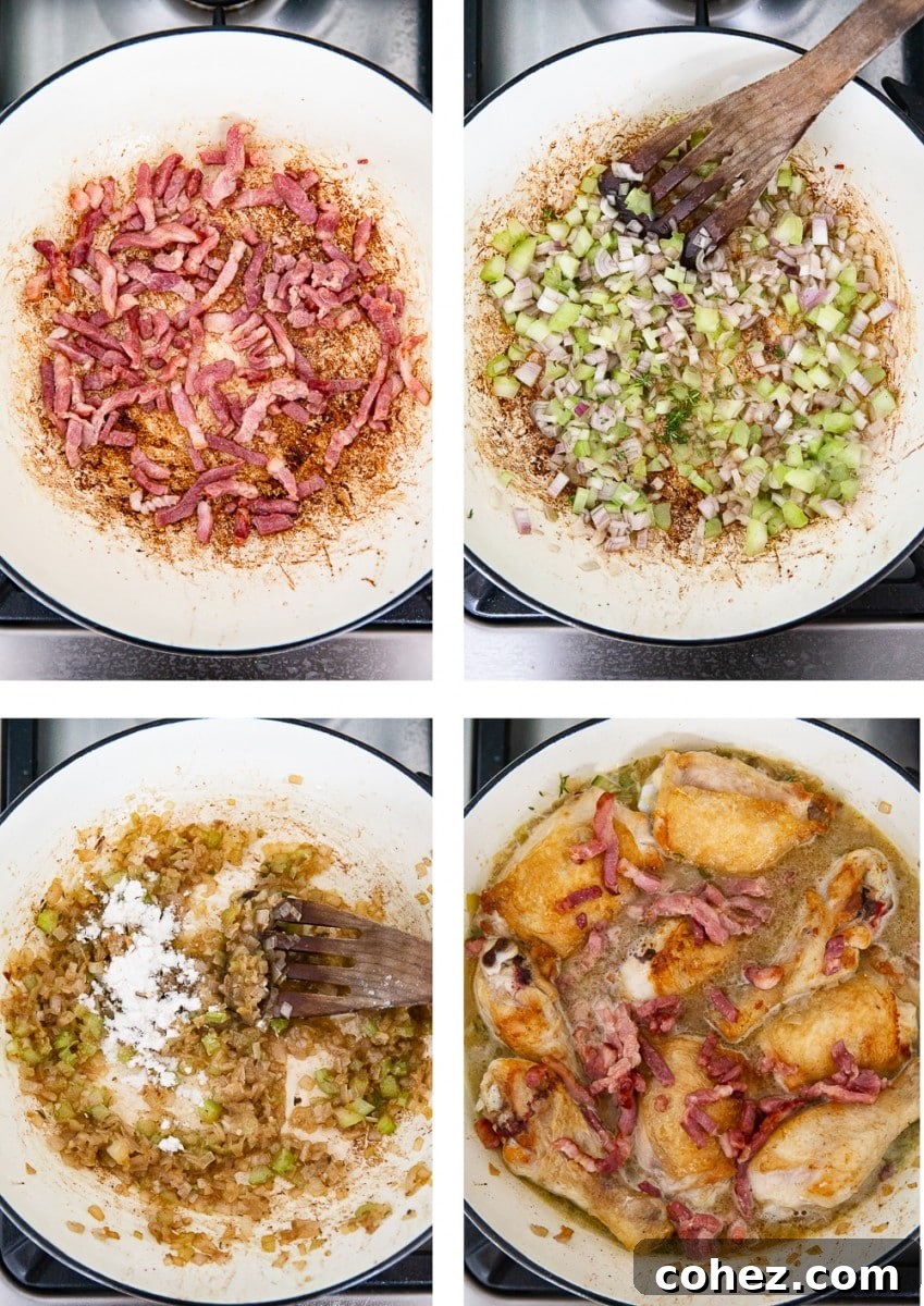 Normandy Cream Chicken Bake 5 four process images showing making of the French chicken casserole step-by-step