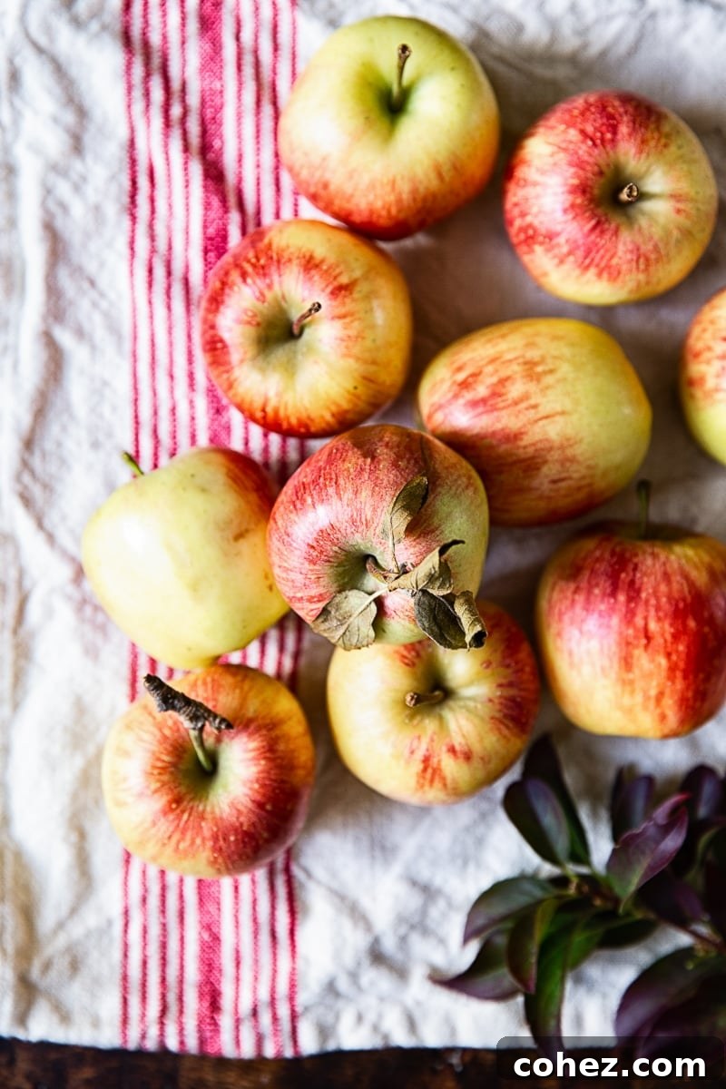A close-up, top-down view of crisp, fresh apples, ready to be prepared for baking.