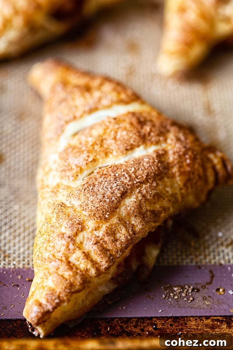 A close-up shot of a perfectly baked apple turnover, golden brown and glistening with cinnamon sugar.