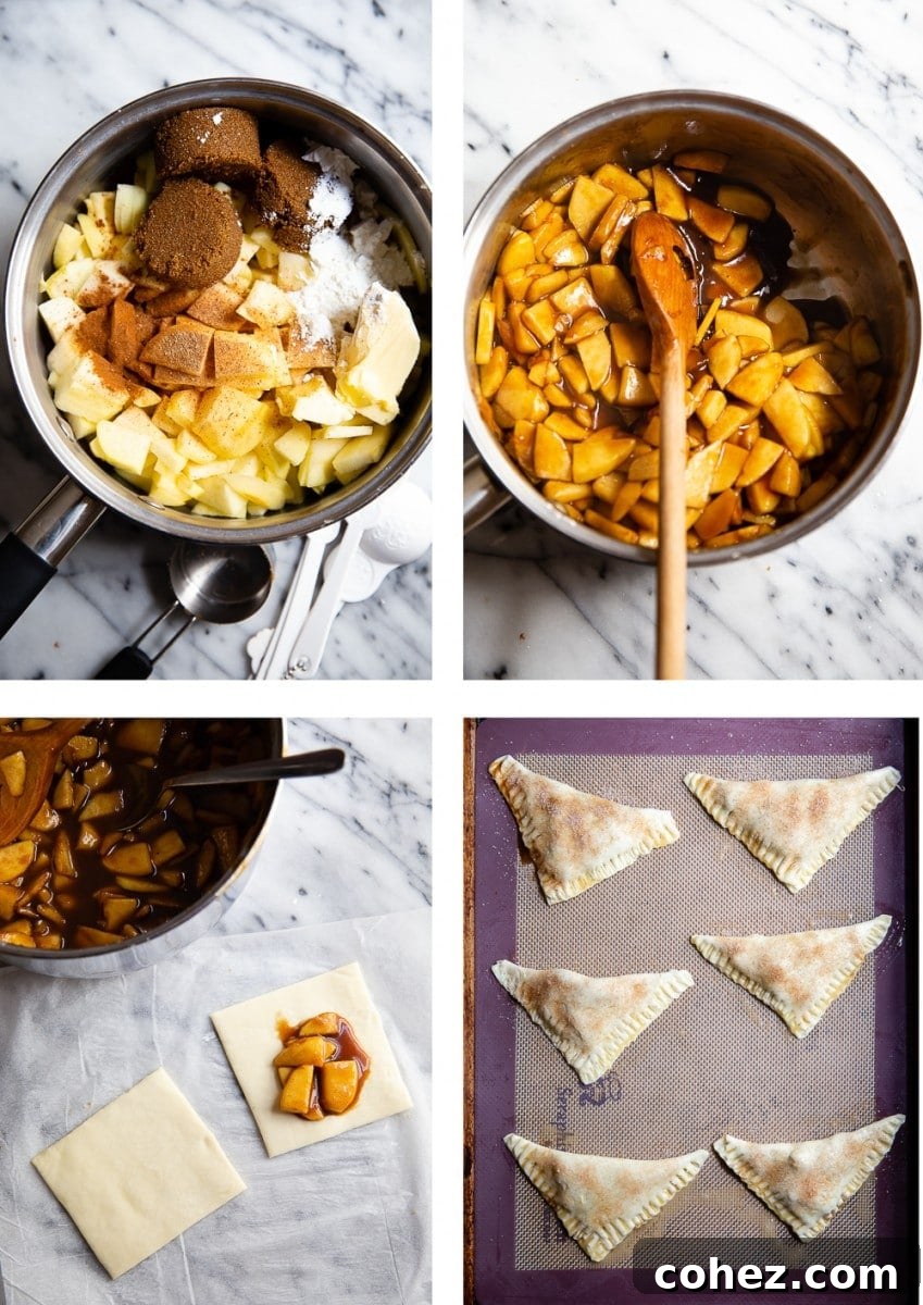 A collage of process shots illustrating the steps of preparing the apple mixture and folding the pastry.