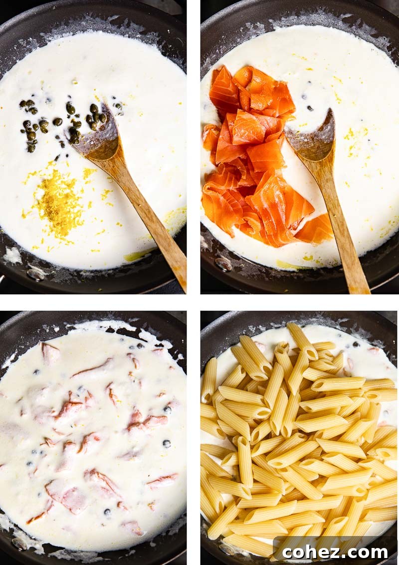 Decadent Smoked Salmon Pasta 5 Process shot showing creamy pasta sauce being mixed with smoked salmon.