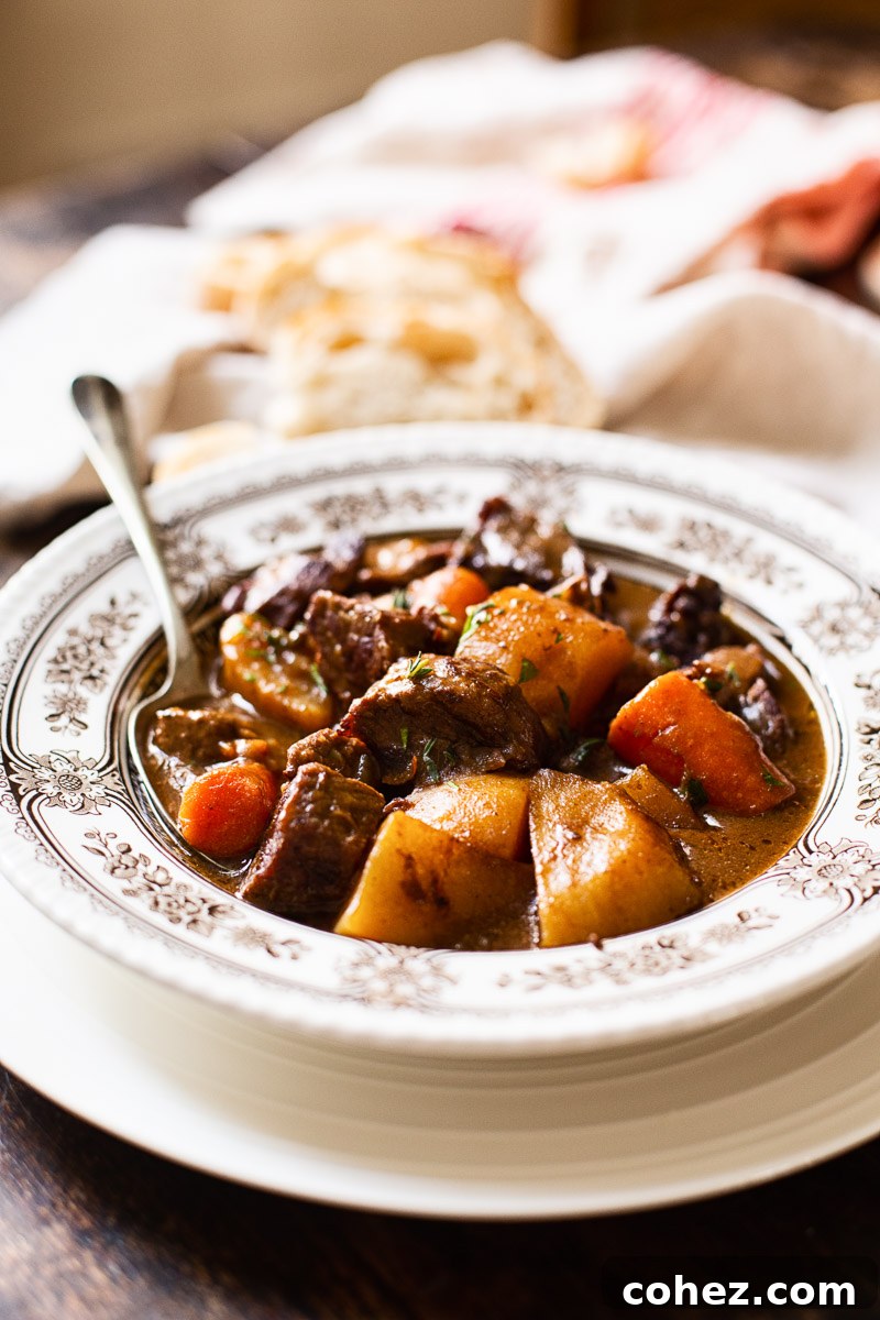 A spoon gently rests in a bowl of Irish Beef Stew, showcasing chunks of tender meat and vegetables.