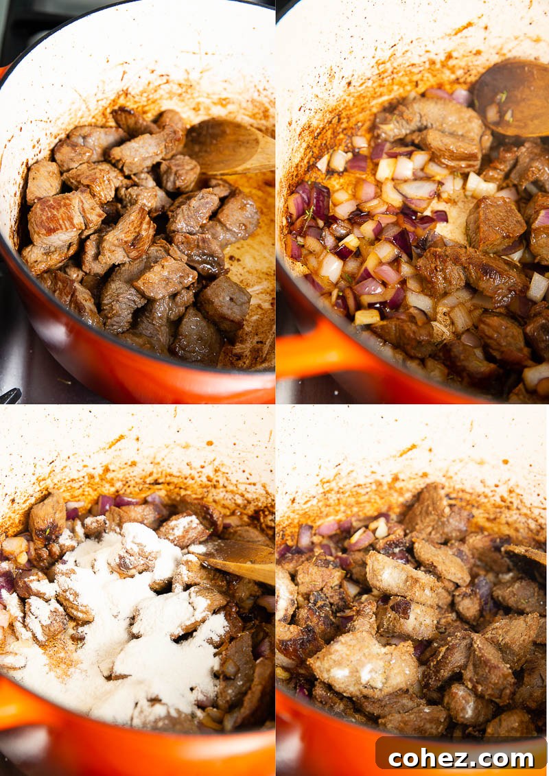 A collage of process photos showing the stages of making Irish Beef Stew.