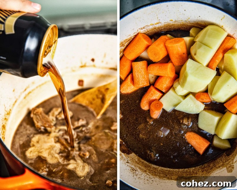 Further process images showing Irish Beef Stew with Guinness coming together.