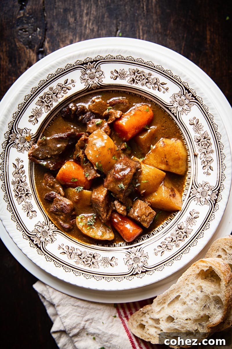 A beautifully plated bowl of Irish Beef Stew, ready to be served.