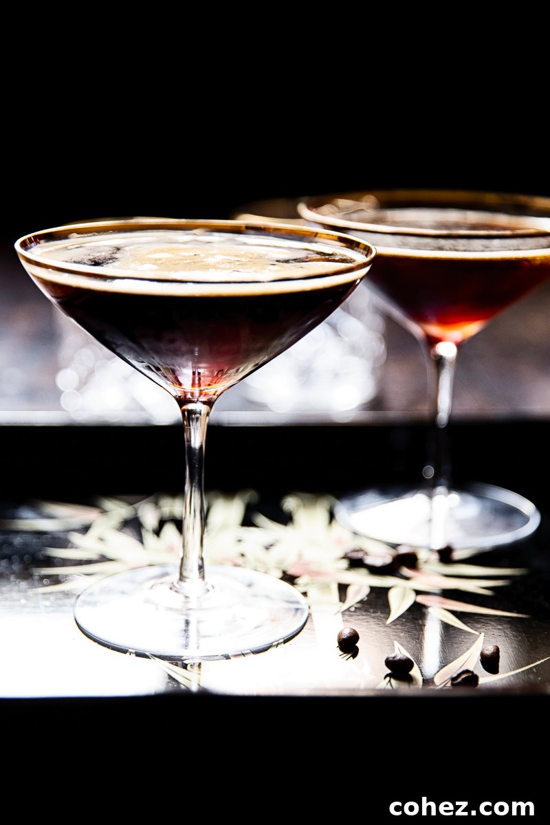 Two cocktail glasses filled with dark espresso martinis, garnished with coffee beans