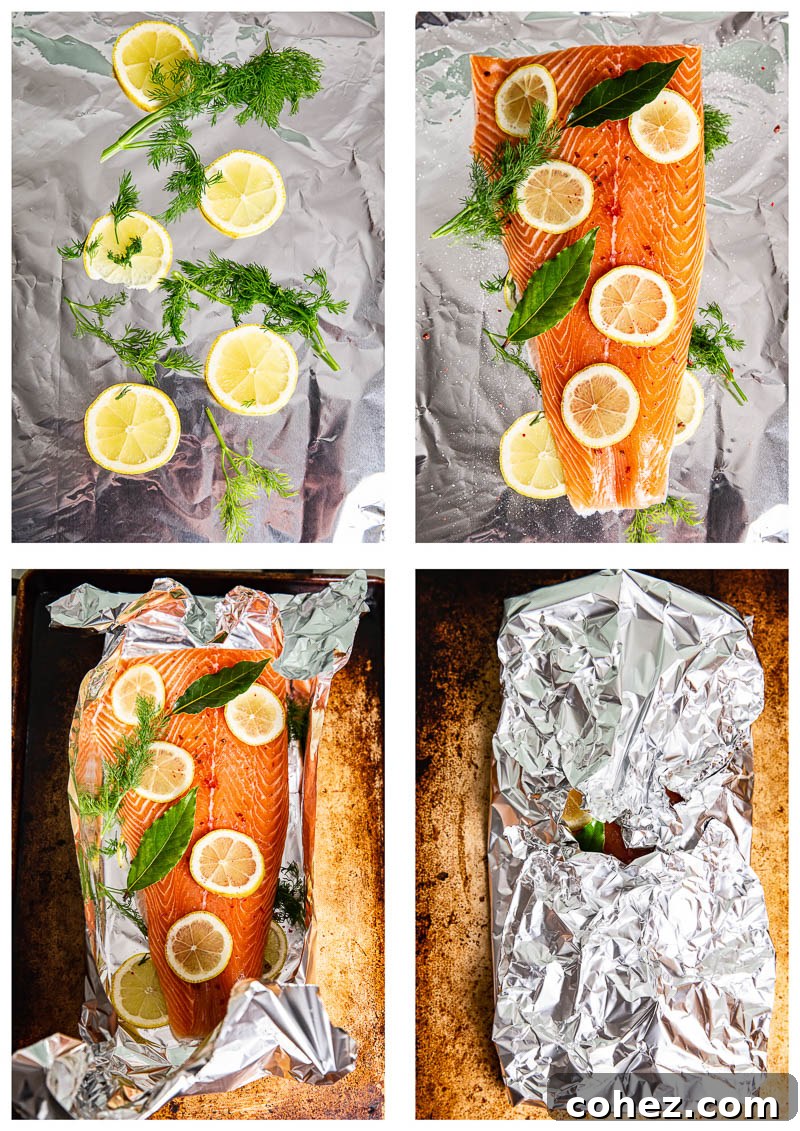 A sequence of process shots demonstrating how to properly wrap a salmon fillet in foil for baking.