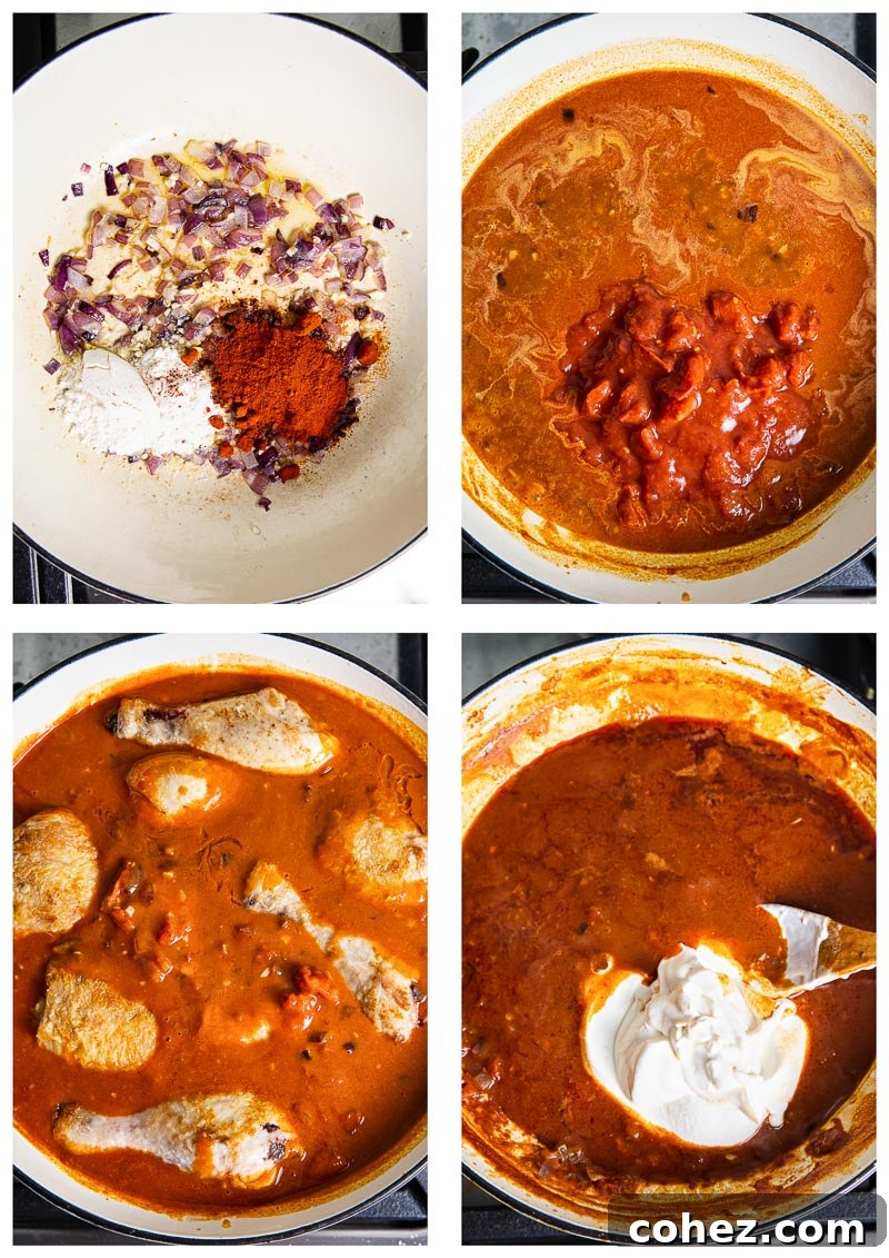 Velvety Hungarian Paprika Chicken 4 A step-by-step visual guide showcasing the preparation process of Chicken Paprikash, from browning chicken to simmering in sauce.