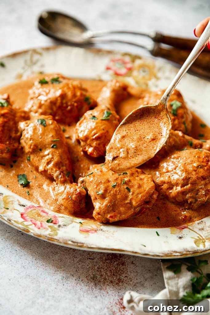 Velvety Hungarian Paprika Chicken 5 A spoon generously pouring the rich, red paprika sauce over a portion of Chicken Paprikash, highlighting its creamy texture.