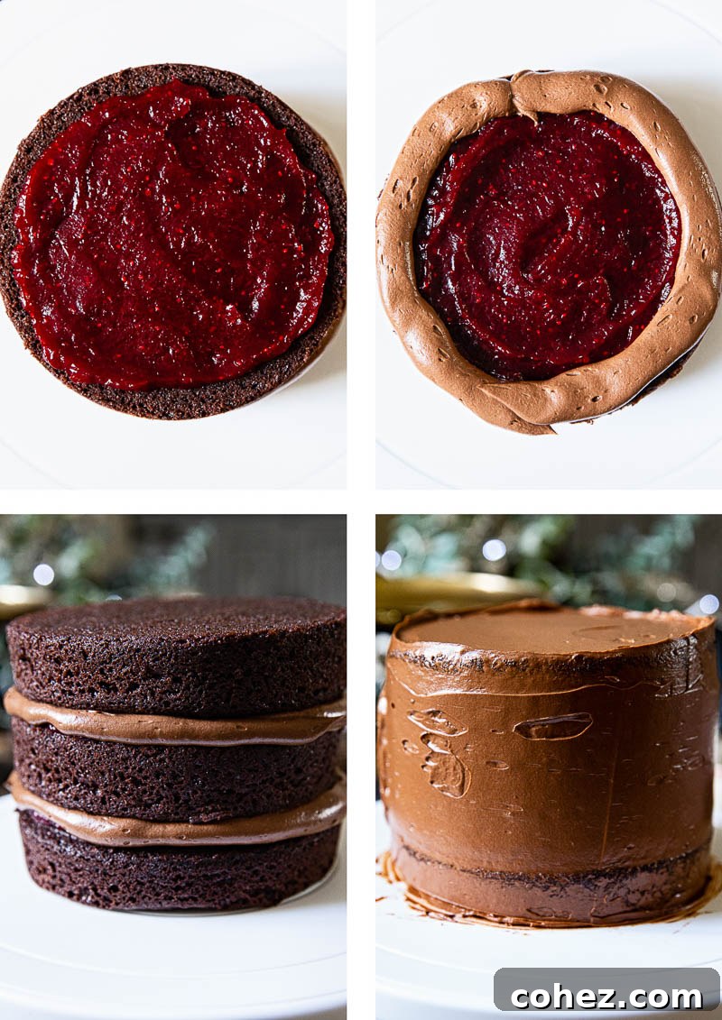 Yuletide Chocolate Ganache Dream with Cranberry Jewels 4 Process shots illustrating the assembly of the Christmas chocolate cake, showing layers of cake, compote, and ganache.