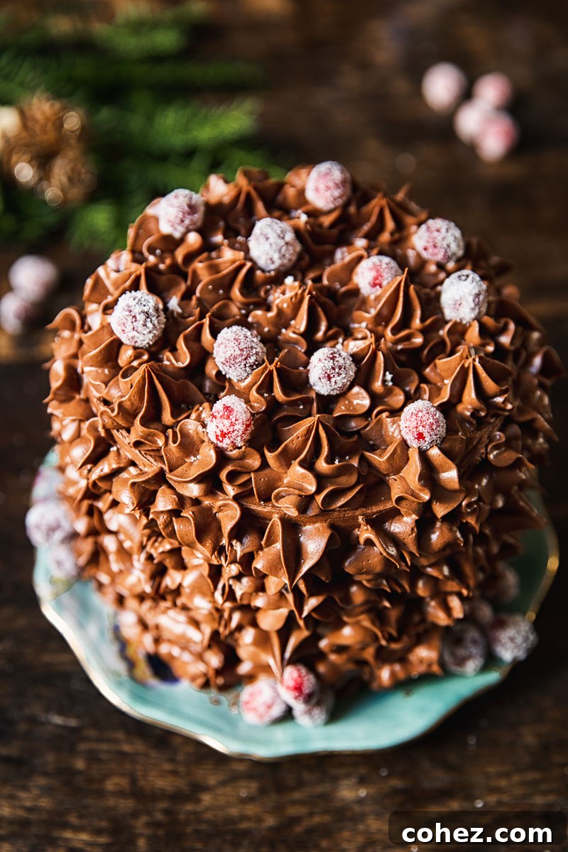 Yuletide Chocolate Ganache Dream with Cranberry Jewels 5 A stunning festive chocolate cake with sugared cranberries on a white cake stand.