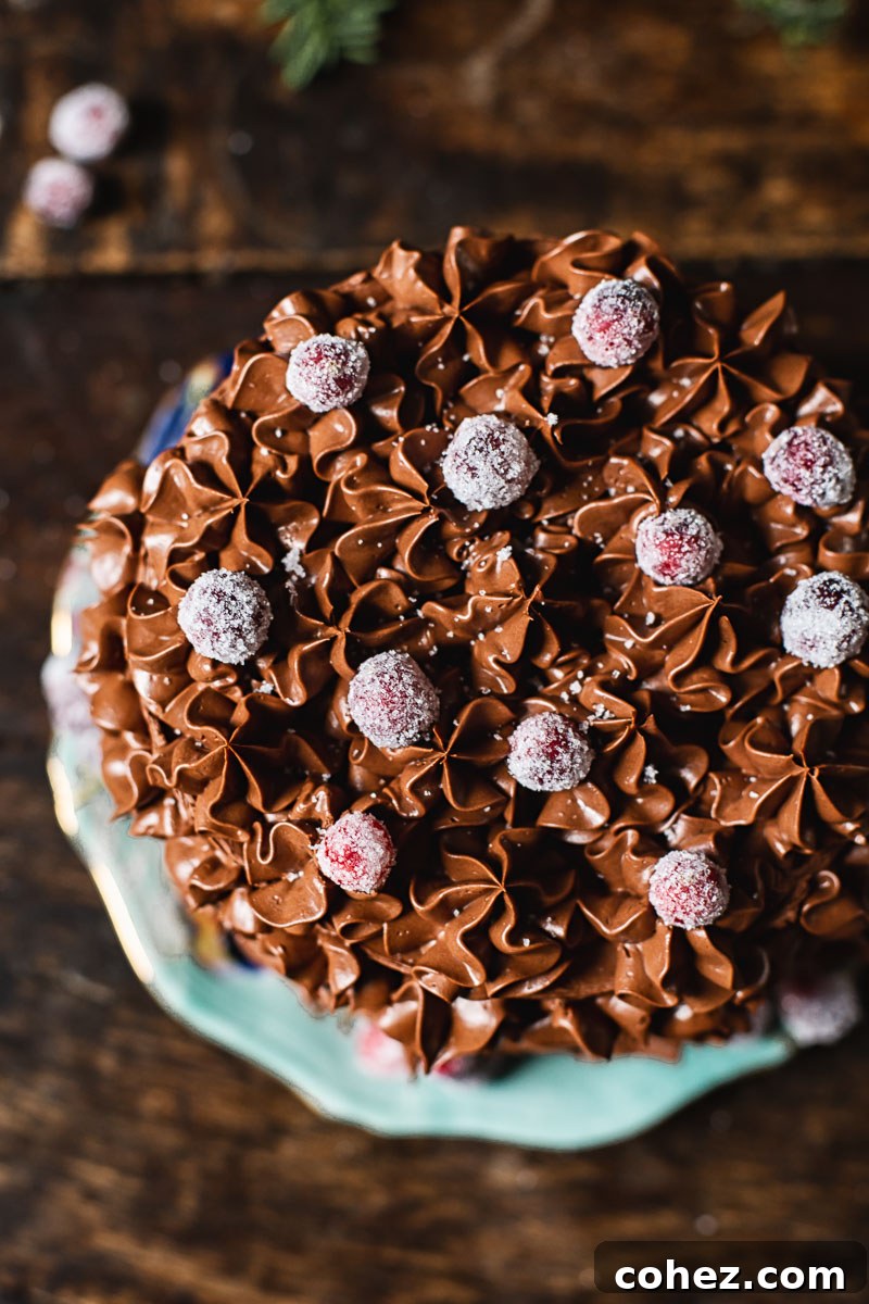 Yuletide Chocolate Ganache Dream with Cranberry Jewels 7 Top-down view of the beautifully decorated Christmas chocolate cake, ready for serving.