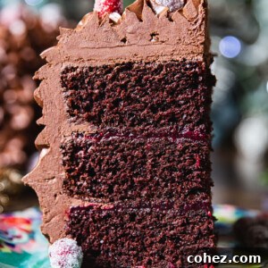 Slice of chocolate cake close up, revealing its moist texture and rich filling.