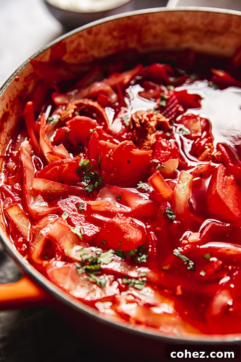 close up of a pot of borscht