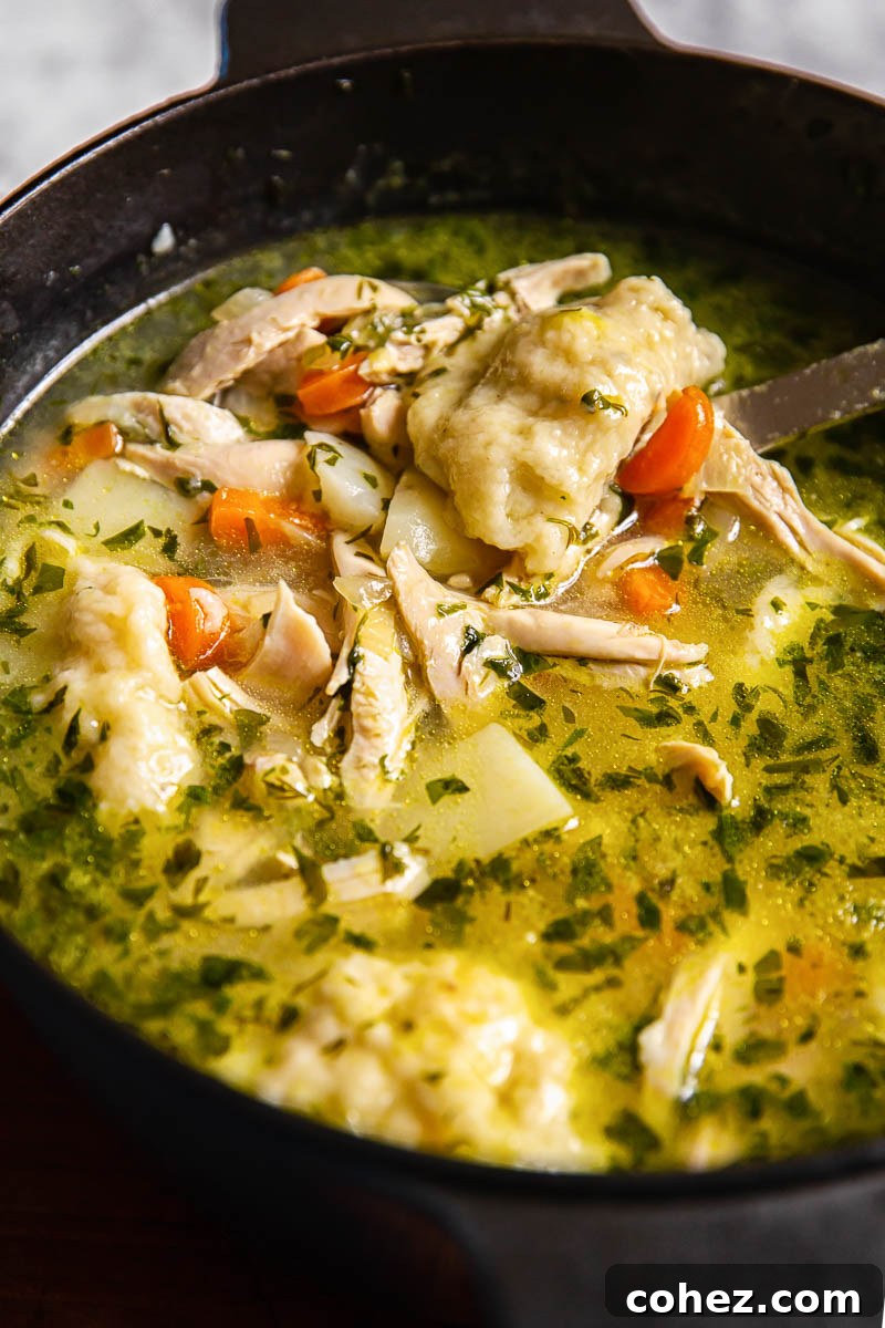 A full pot of rich chicken and dumpling soup, with steam rising, indicating its warmth and readiness to be served.