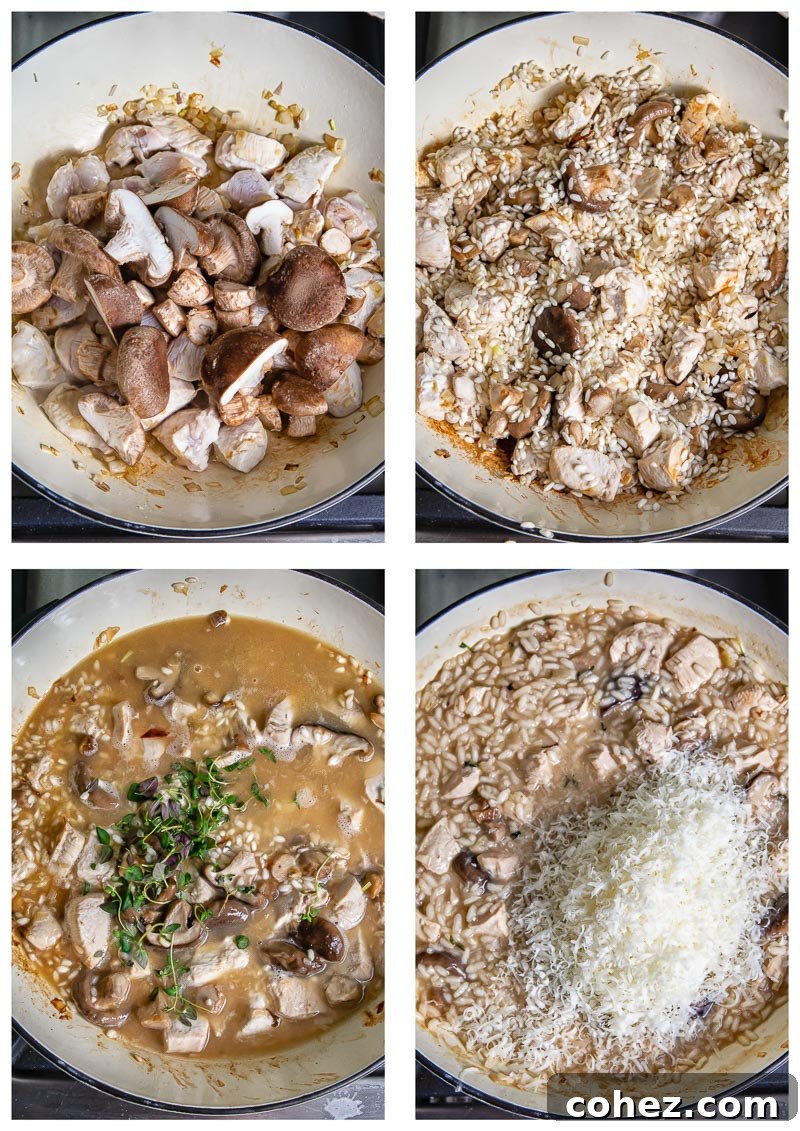 Four process shots showing how to make the dish in a cast iron pan