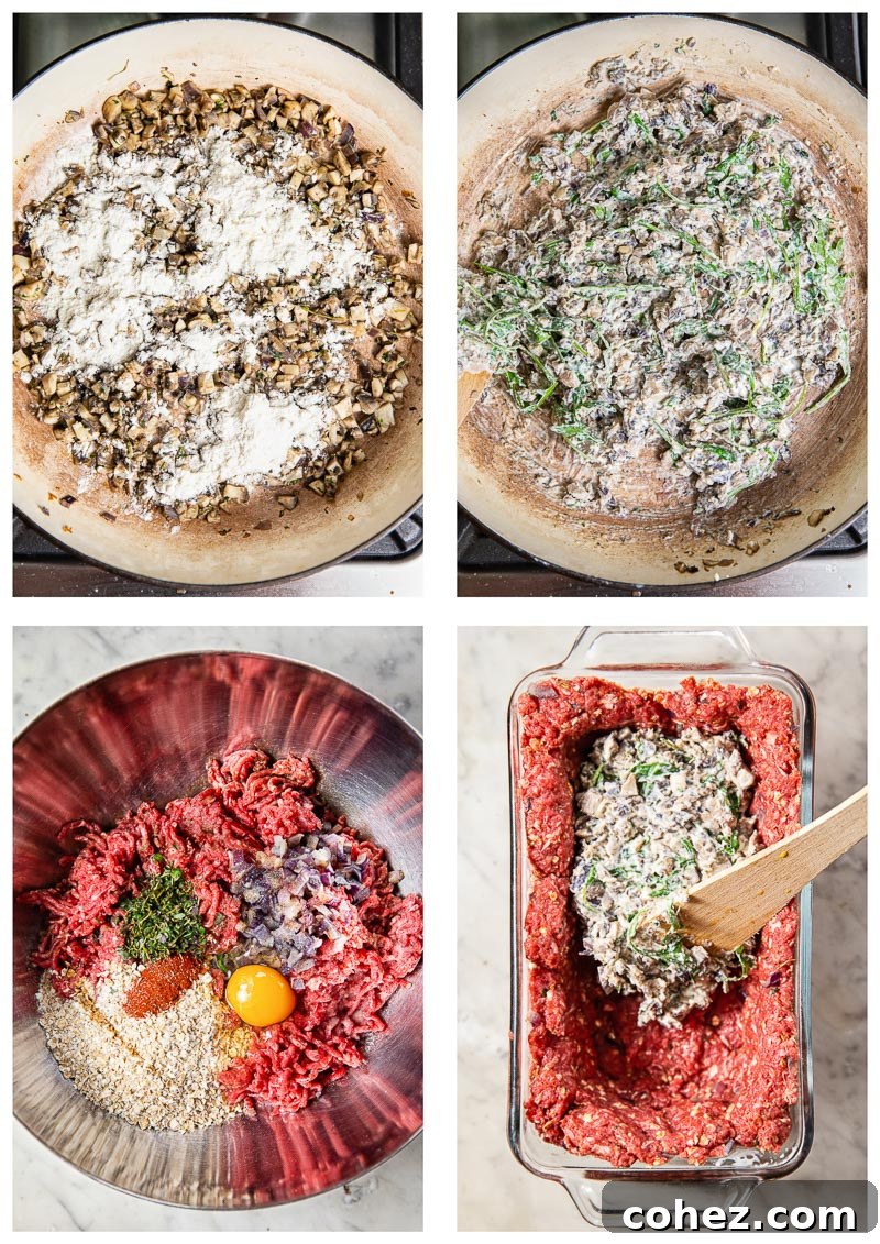 Step-by-step assembly of the stuffed meatloaf: forming the meat shell, adding filling, and sealing.