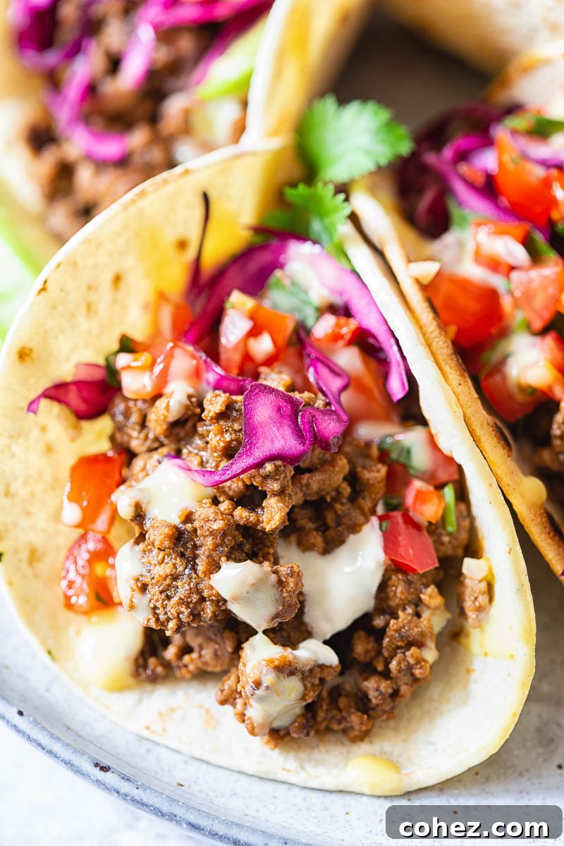 Ultimate Ground Beef Tacos with a Custom Spice Blend 2 Beef Tacos topped with salsa and red cabbage slaw
