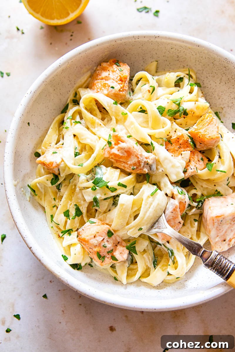 Creamy salmon pasta in bowl