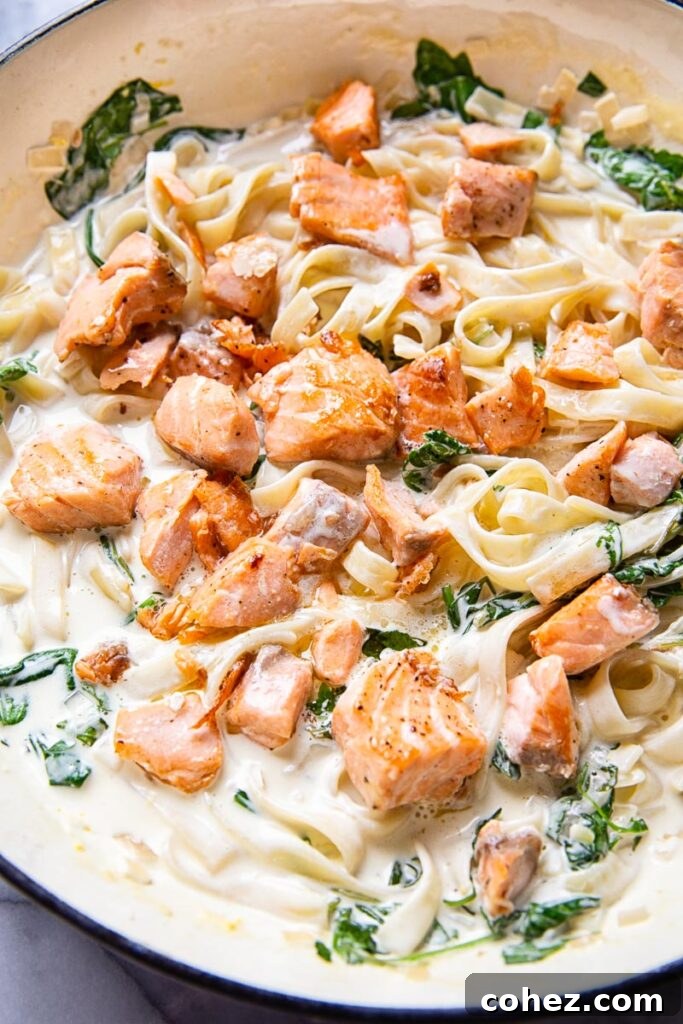 Salmon Pasta in cream sauce with greens