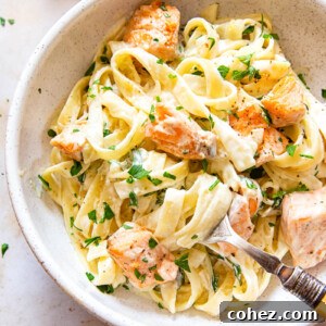 Creamy salmon pasta in bowl