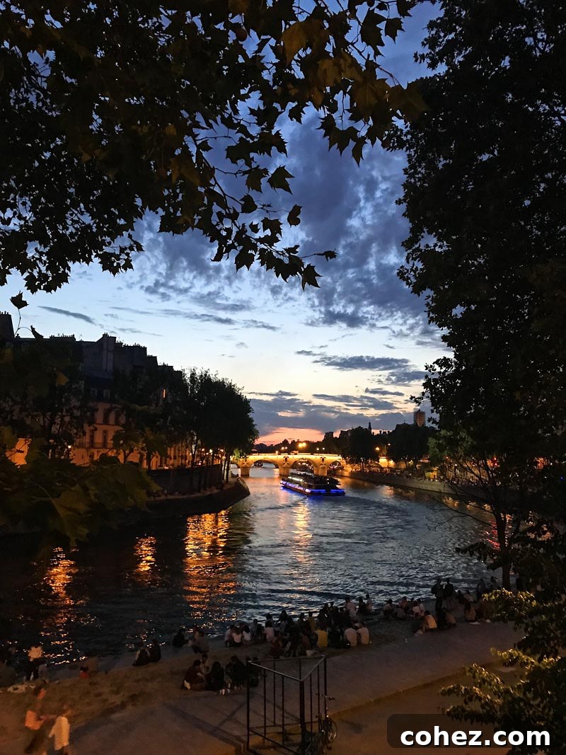 Evening view of the Seine River with lights in the background
