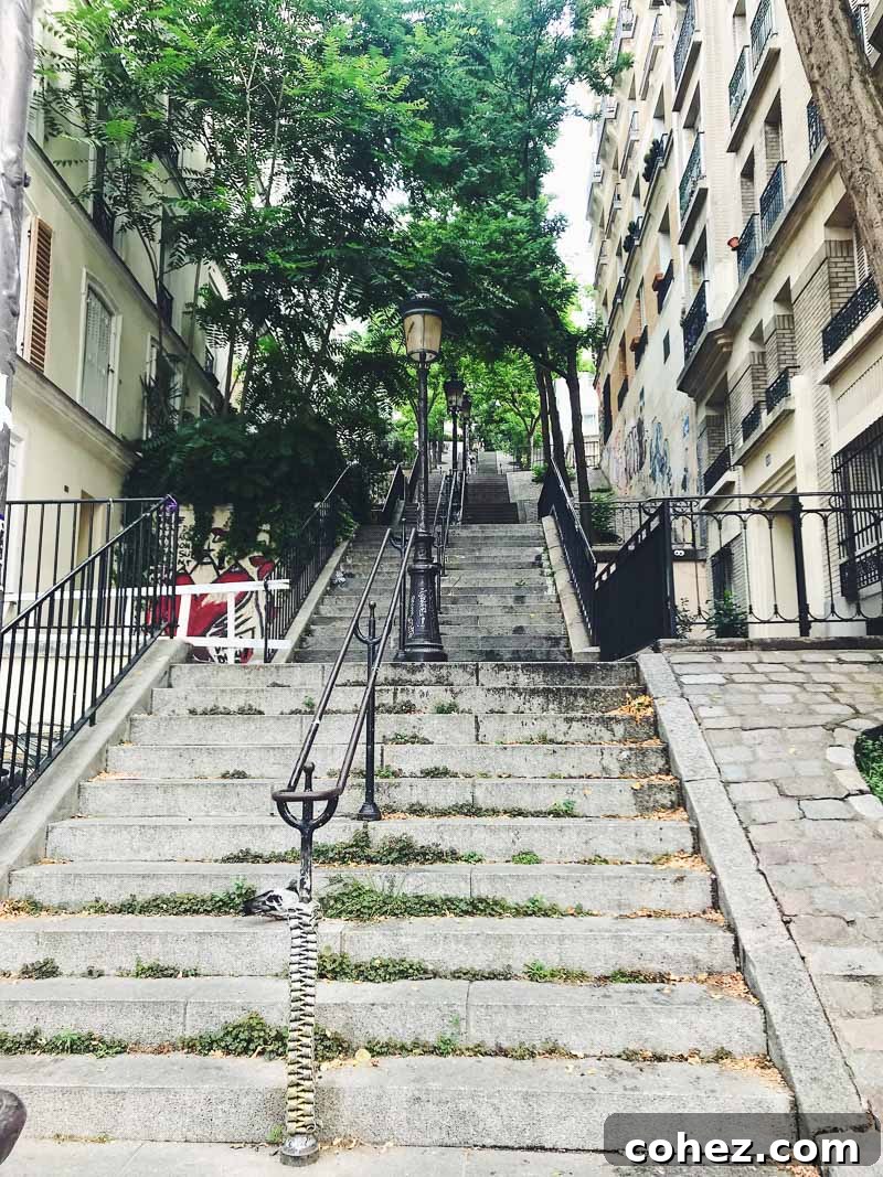 Set of stairs in Montmartre, with buildings at the sides and trees at the top