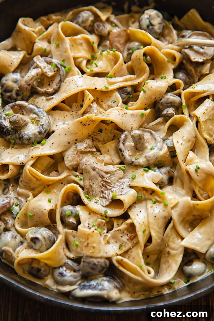 A close-up of a pan containing perfectly cooked mushrooms mixed with thick pasta, ready to be coated in the creamy stroganoff sauce.