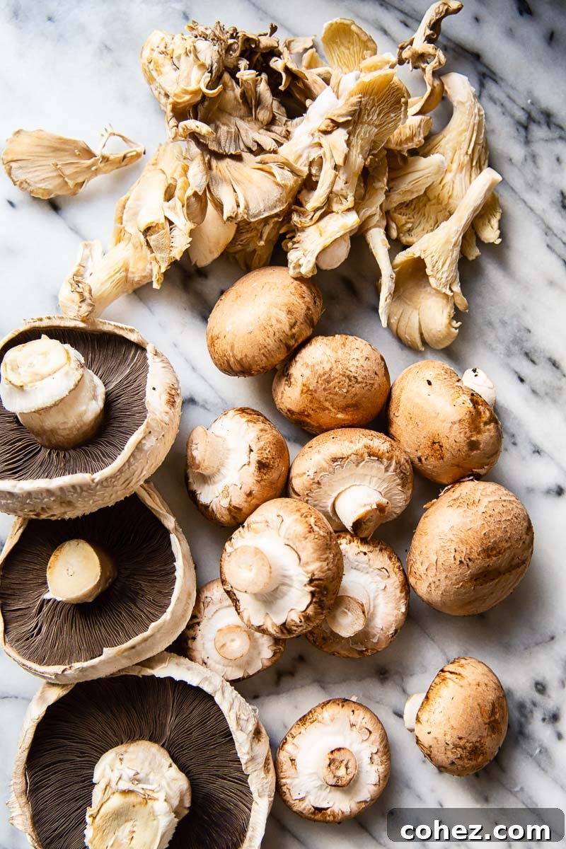 A vibrant mix of raw, fresh mushrooms displayed on a marble surface, showcasing the variety and quality of ingredients recommended for the dish.