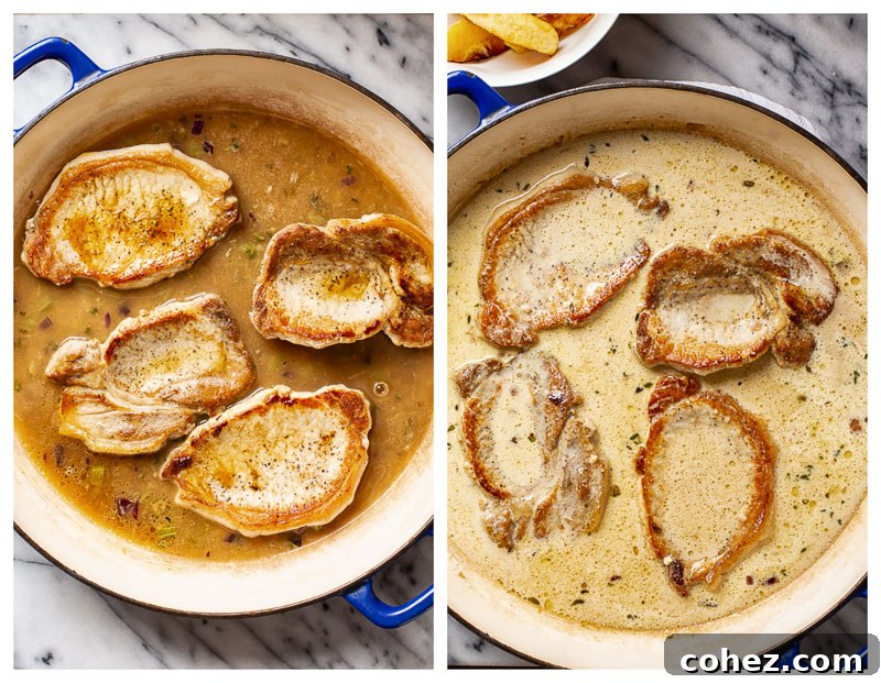 Boneless pork chops in apple cider cream sauce cooking process in a skillet