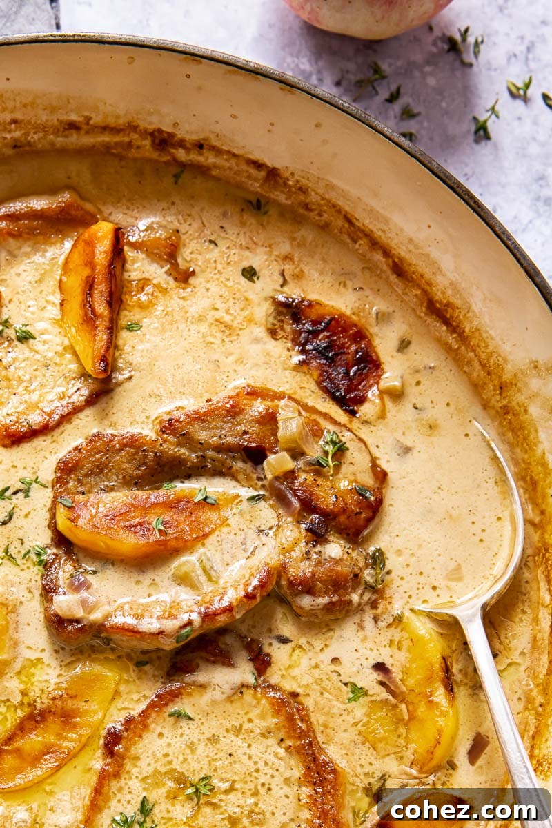 Pork loin steaks in creamy apple cider sauce with fresh herbs