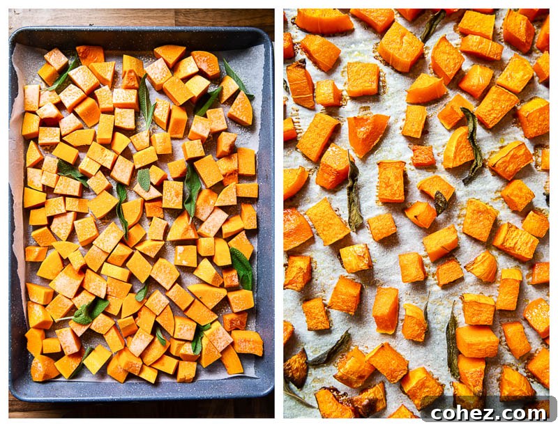 Raw and roasted cubed butternut squash with fresh sage leaves on a baking sheet, ready for the creamy orzo.