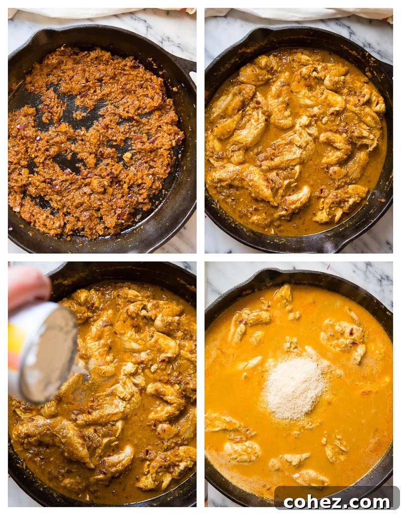 A step-by-step collage illustrating the cooking process of Chicken Korma, from sautéing onions to simmering the creamy curry.