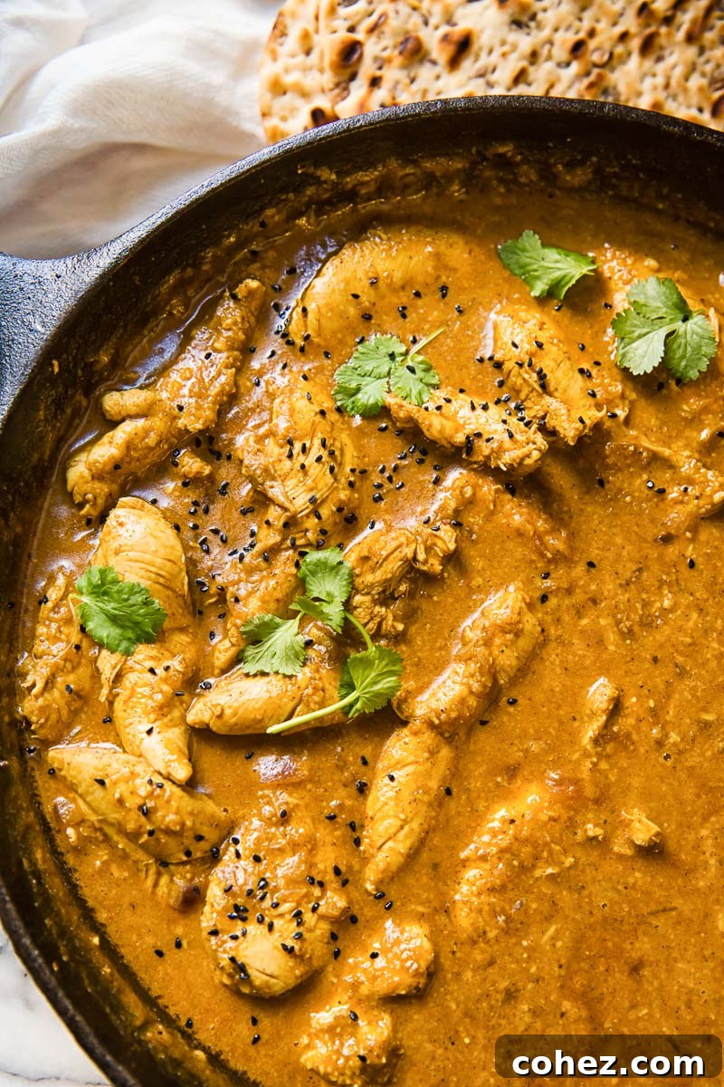 A close-up shot of the finished Chicken Korma curry, simmering gently in a pot, showcasing its thick, creamy texture and inviting color.
