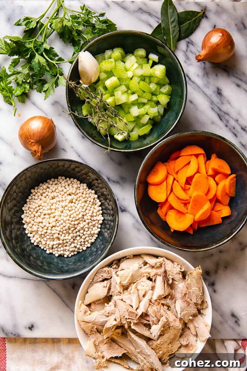 Overhead shot of fresh ingredients for Turkey Soup, including carrots, celery, onion, and herbs, arranged on a rustic surface.
