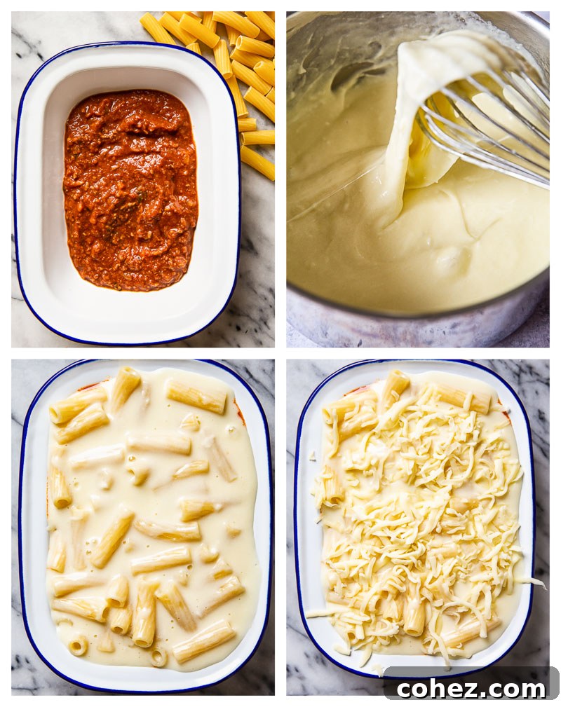 Nonna's Layered Macaroni Bake 5 Four steps of assembling baked mac and cheese: bolognese layer, pasta layer, cheese topping, and baked dish.