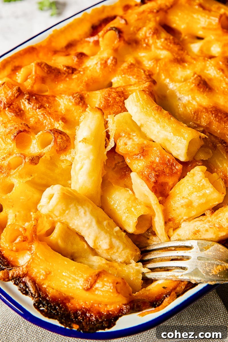 Nonna's Layered Macaroni Bake 6 Close-up of golden, bubbly baked mac and cheese, emphasizing the creamy sauce and crispy top.