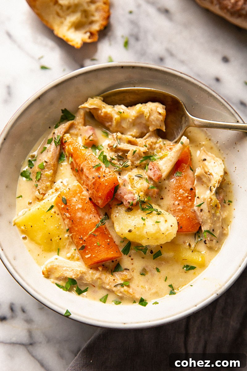Make Leftovers Magnificent: Hearty Turkey Stew 5 creamy turkey stew with carrots and potatoes in grey bowl