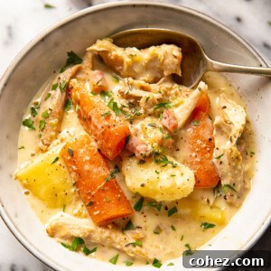Make Leftovers Magnificent: Hearty Turkey Stew 6 creamy turkey stew with carrots and potatoes in grey bowl