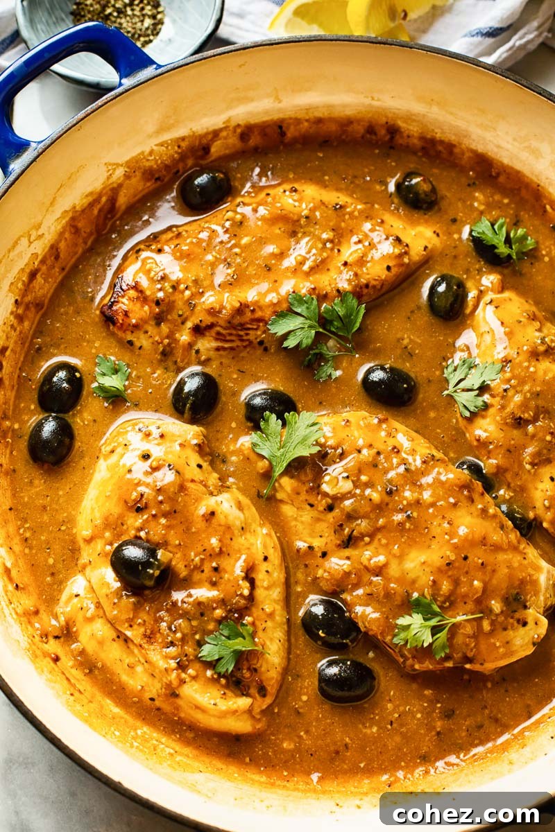 Juicy chicken breasts in a vibrant lemon pepper sauce with black olives, garnished with fresh herbs.
