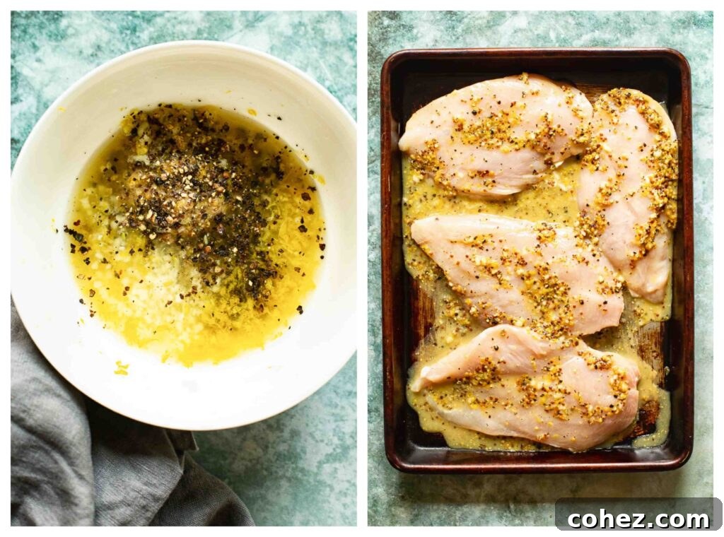 Two process shots showing the steps of marinating and searing chicken breasts for the lemon pepper recipe.