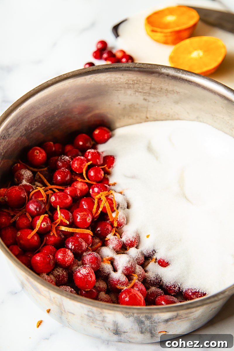 Ruby Port Cranberry Sauce 3 fresh cranberries with sugar and orange zest in a pot
