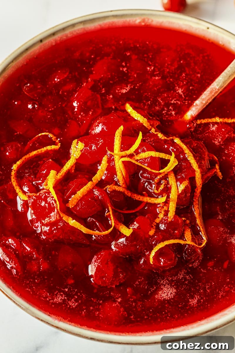 Ruby Port Cranberry Sauce 4 Close-up of a bowl of rich, deep red homemade port cranberry sauce, ready to be enjoyed.