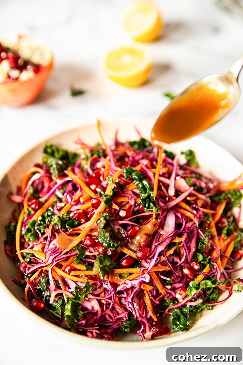 Red Cabbage Slaw with Carrots and Pomegranate in a bowl